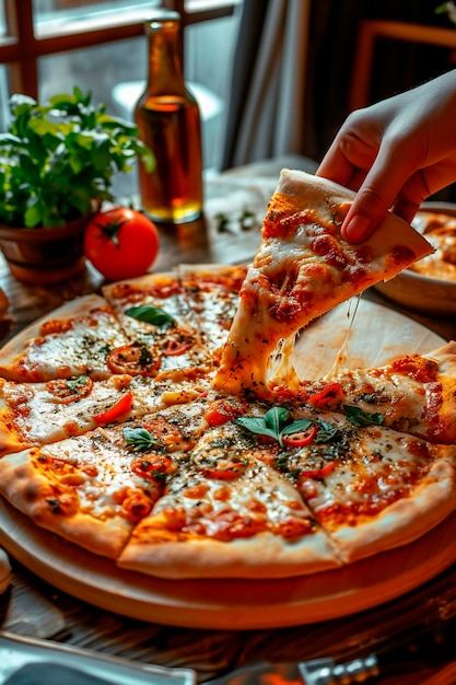 hands take pizza on the table Selective focus
