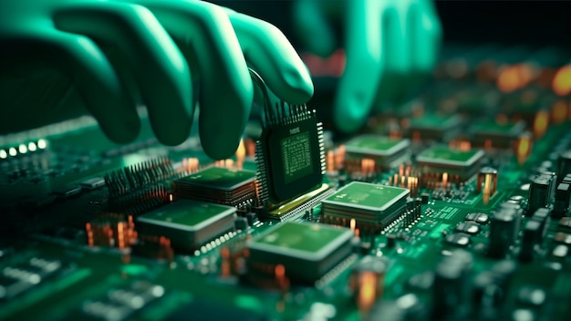 Hands technicians in factory assemble computer parts motherboard Generative AI