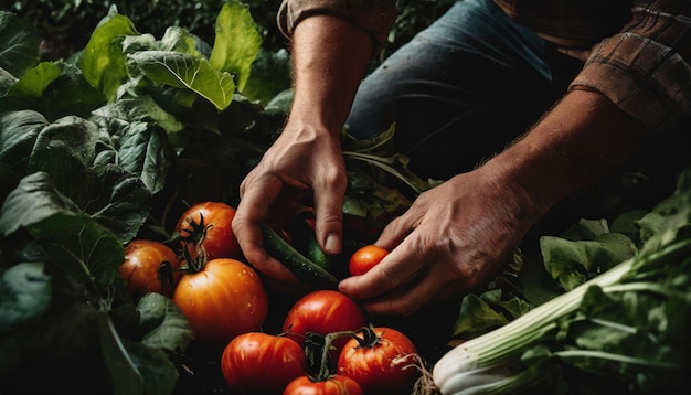 Photo hands tenderly harvest ripe vegetables in a sunlit garden showcasing care and connection to nature
