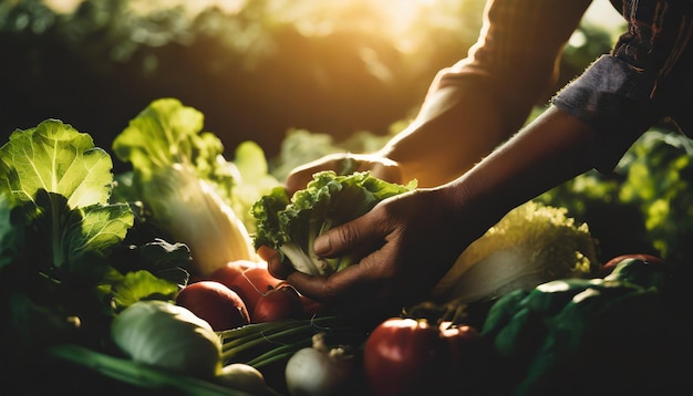 Foto le mani raccolgono con tenerezza le verdure mature in un giardino illuminato dal sole, mostrando cura e connessione con la natura