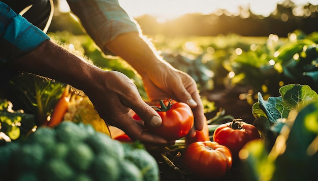 Hands tenderly harvest ripe vegetables in a sunlit garden showcasing care and connection to nature