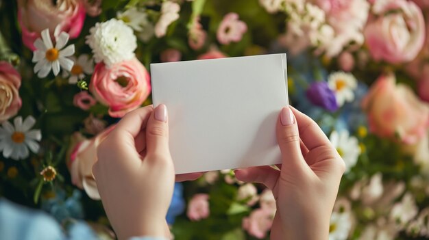 Foto mani che tengono teneramente un biglietto bianco pronto per un messaggio romantico incorniciato da un bouquet