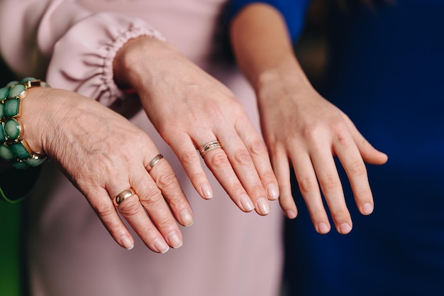 Hands of three generations with rings Hands of mom daughter