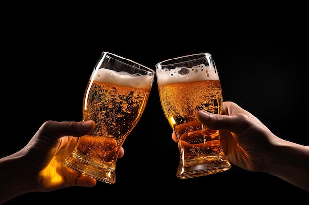 Hands toasting with glasses of beer isolated on black background