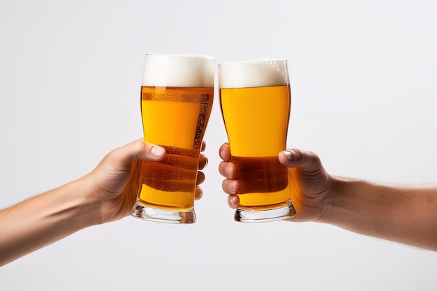 Hands toasting with glasses of beer isolated on white background