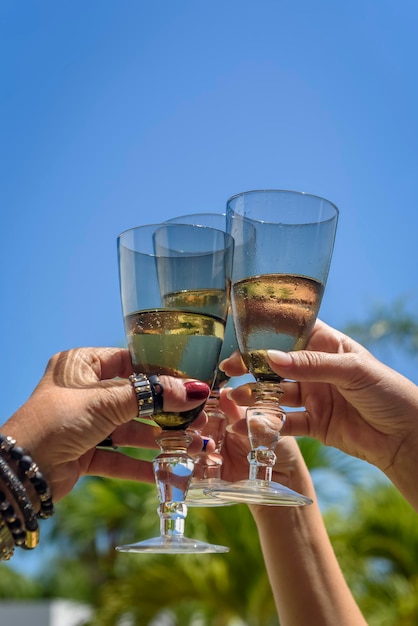 Hands toasting with glasses of wine in the summer