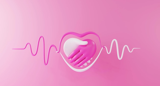 Hands together in the shape of a heart with heart wave symbol heart donate concept 3D render