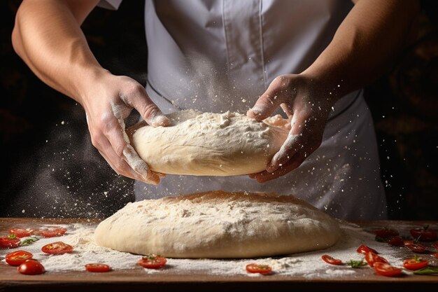 Hands tossing pizza dough in the air