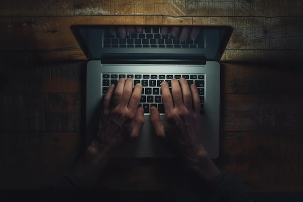 Photo hands touching laptop keyboard in dark at home office