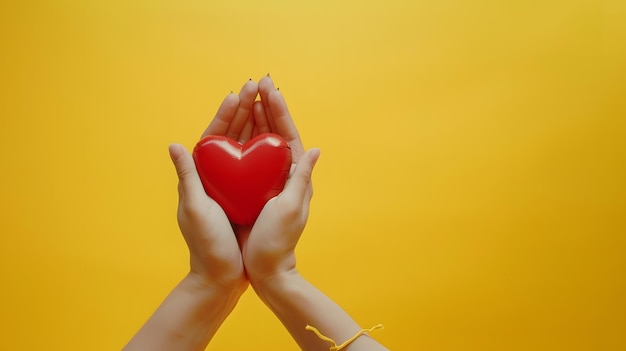 Hands of two people holding a red heart shape on yellow background with copy space Generative AI