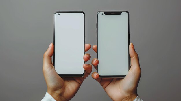 The hands of two people holding two smartphones with white empty screens showing their use of the devices transferring information and sharing media Two vertical gadgets with copy space mock up