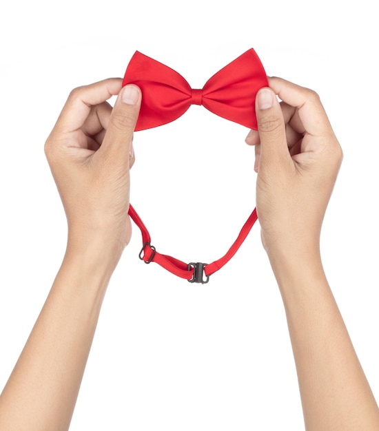 Hands tying red bow tie isolated on a white background