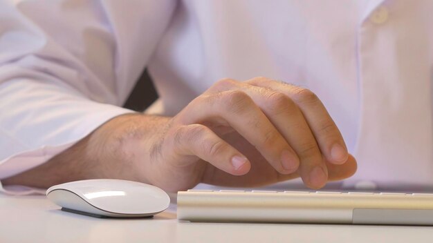 Hands typing on the keyboard Male hands or man office worker typing on the keyboard f