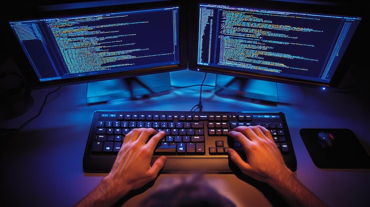 Photo hands typing on a keyboard with programming code displayed on dual monitors intense focus on coding and software development ideal for technology or itrelated projects