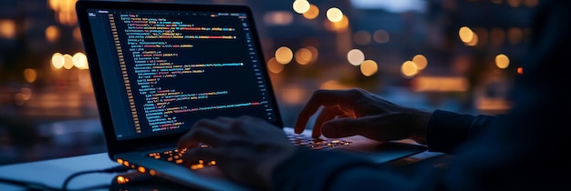 hands typing on a laptop in a dimly lit room with coding displayed on screen the ambient lights create a futuristic setting representing the digital world of programming and it development
