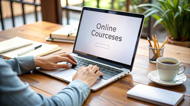 Photo hands typing on laptop searching for online courses