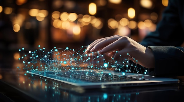 Hands typing on a laptop with blue dots on an screen