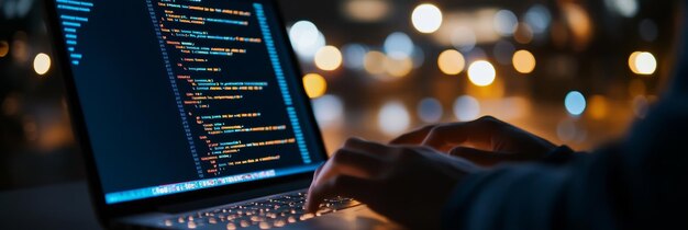 hands typing on a laptop with a codefilled screen and bokeh city lights in the background the image conveys the idea of night programming software development and coding work
