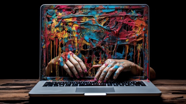 Photo hands typing on laptop with glowing lights