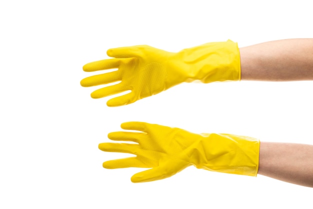 Photo hands up yellow rubber cleaning gloves isolated on white background place for text professional cleaning concept