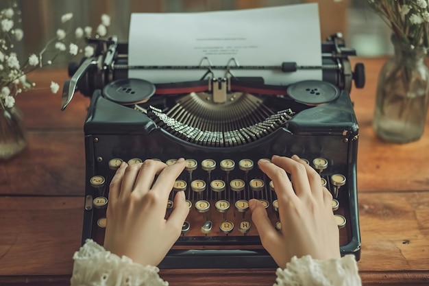 Hands using a classic typewriter with vintage paper in retro environmental