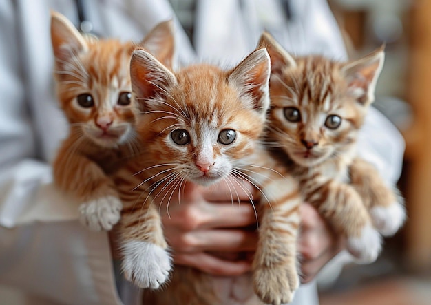 Hands of veterinary doctor holding cute kittens in vet clinicMacroAI Generative