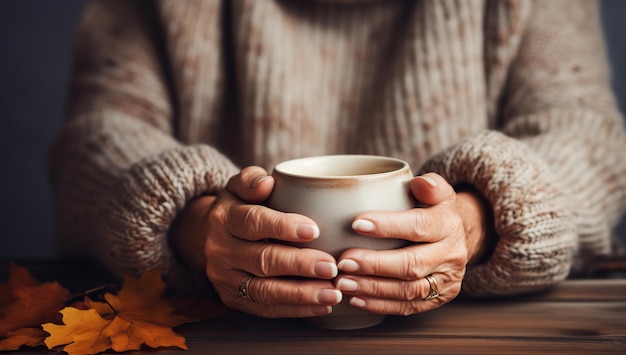 Photo hands in a warm sweater holding a ceramic cup against a backdrop of autumn leaves creating a cozy atmosphere the concept of autumn