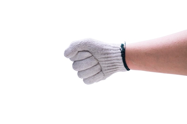 Hands wear white gloved making a fist gesture isolated on white background Unbleached Cloth Gloves Green Rim Fabric Gloves for Cloth gloves to prevent danger to the hands caused by mechanic work