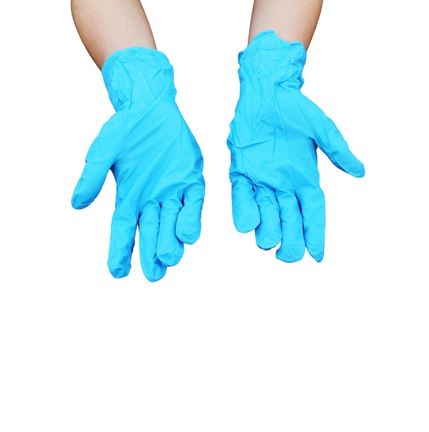 Hands wearing blue gloves