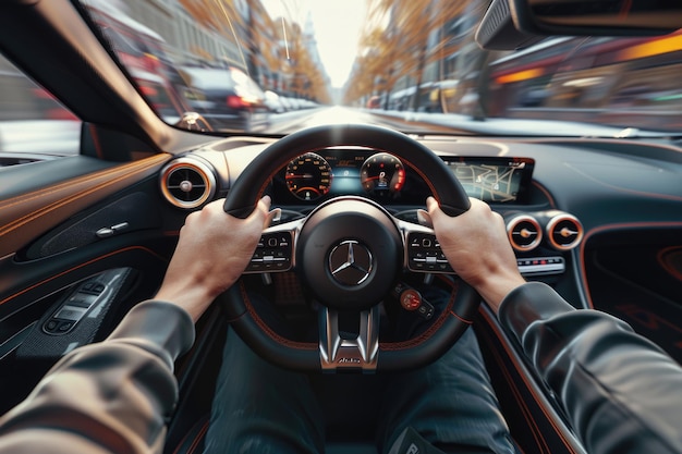 Foto mani sul volante quando si guida ad alta velocità dall'interno dell'auto