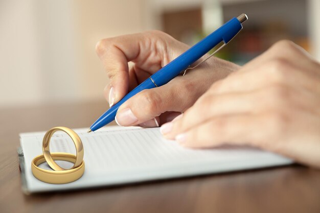 Hands of wife, husband signing decree