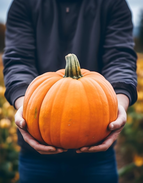 hands with big pumpkin thanksgiving concept