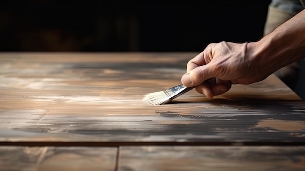 Hands with a brush painting varnish on a wooden surface