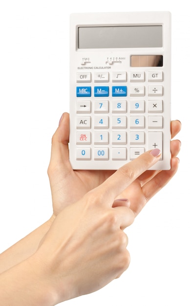 Hands with calculator isolated on white 