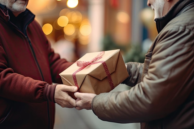 クリスマス ギフトを持つ手幸せな男は配達からクリスマス ボックスを受け取りますクリスマス グリーティング カードをクローズ アップ