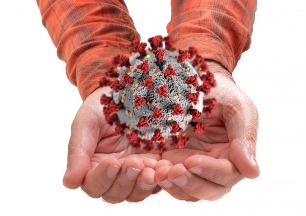 Hands with coronavirus molecule