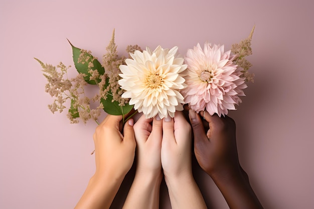 Hands with different skin colors holding beautiful flowers Beauty diversity multiethnic concept