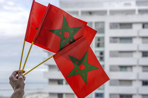 Hands with flags of Morocco with defocused background