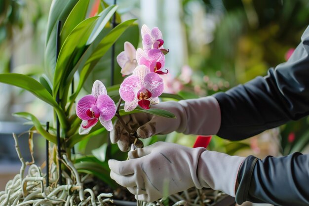 Foto mani con i guanti che trapiantano un'orchidea