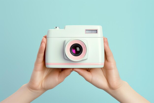 Hands with an instant camera. Close-up illustration. AI generated