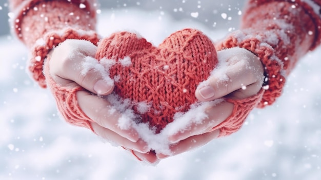 Hands with knitted heart in winter Illustration AI GenerativexA