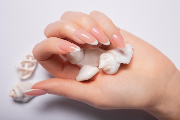 Hands with long nails with french manicure holding seashells