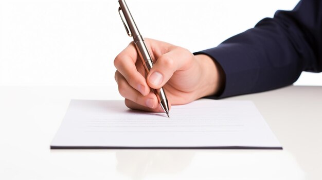 Hands with pen over paper isolated on white background