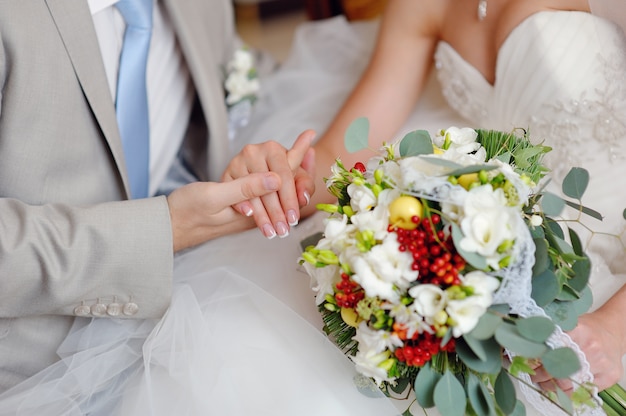 Hands with rings bride and groom 