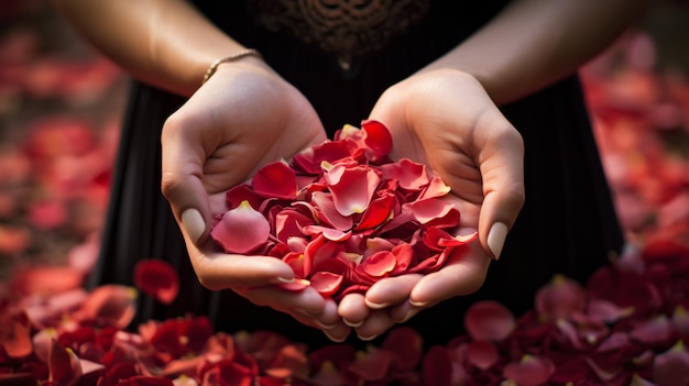 Hands with rose petals