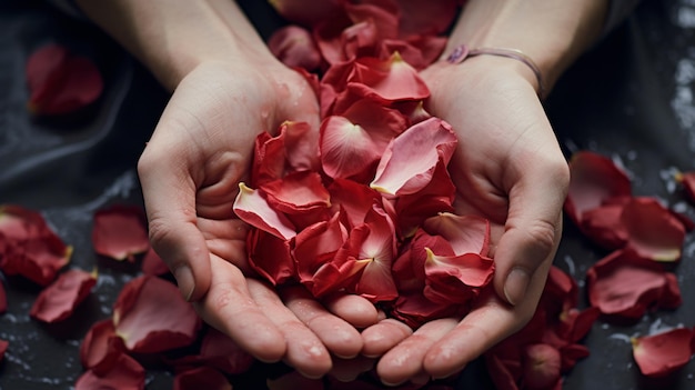 Hands with rose petals
