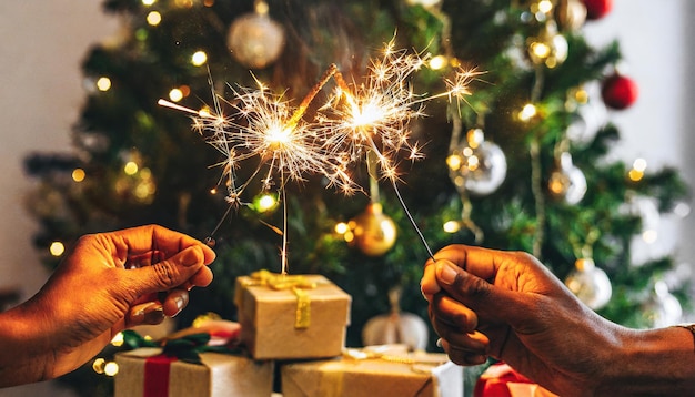 光沢のある火花と詳細と背景のクリスマスの装飾を持つ手