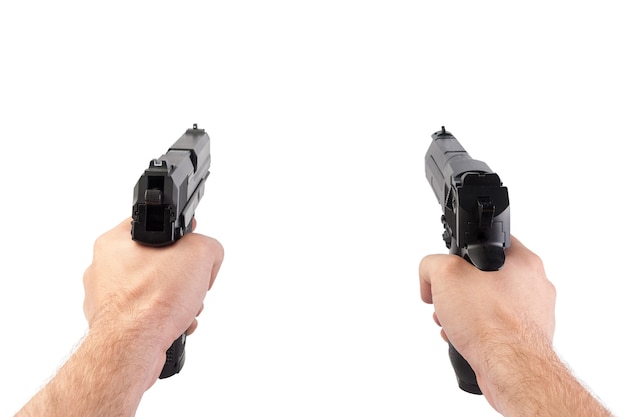 Hands with two guns isolated on whitw