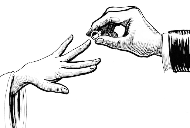 Hands with wedding ring. Ink black and white drawing