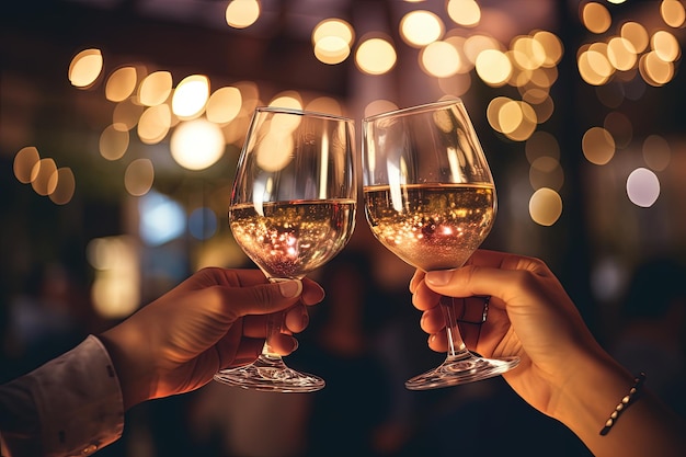 사회적 파티에서 와인 컵을 들고 있는 손 남자와 여자 손 와인 컵을 들고 있는 클로즈업 날짜